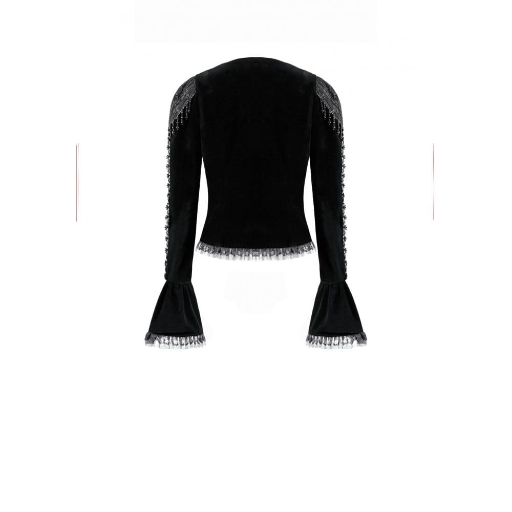 Darkinlove Women's Gothic Beaded Tassel Lace Trim Bell Sleeve Velvet Top