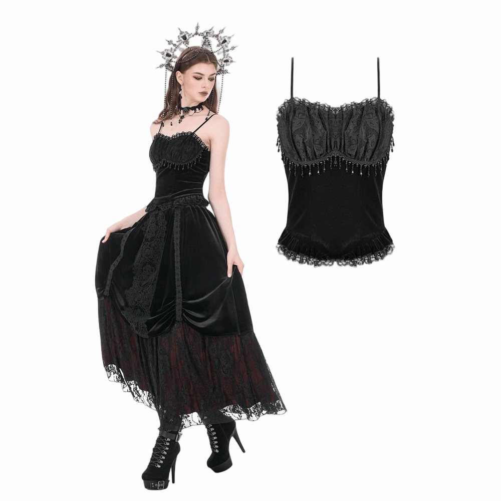 Darkinlove Women's Gothic Beaded Tassel Velvet Bustier