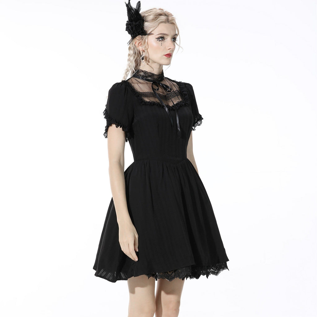 Darkinlove Women's Gothic Bowknot Pleated Black Dress