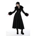 Darkinlove Women's Gothic Buckle Draped Coat with Faux Fur Collar