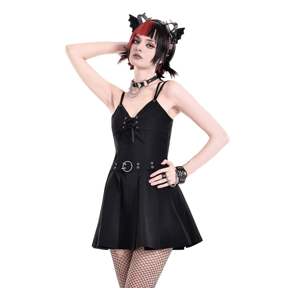 Darkinlove Women's Gothic Buckle Strap Plunging V-neck Slip Dress