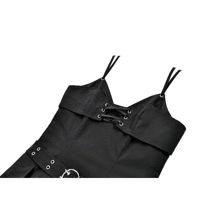 Darkinlove Women's Gothic Buckle Strap Plunging V-neck Slip Dress