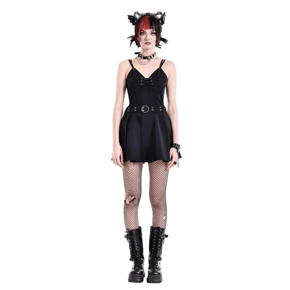 Darkinlove Women's Gothic Buckle Strap Plunging V-neck Slip Dress