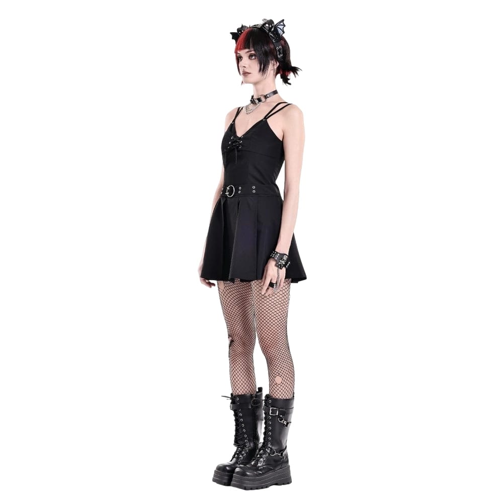 Darkinlove Women's Gothic Buckle Strap Plunging V-neck Slip Dress