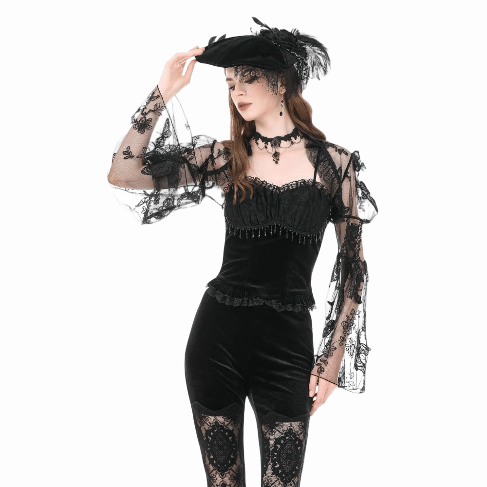 Mantella da donna Darkinlove in pizzo con ricami a farfalla gotica e maniche a campana.
