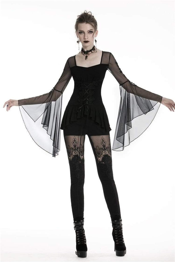 Darkinlove Women's Gothic Butterfly Sleeved Lace-up Tops With Irregular Hem