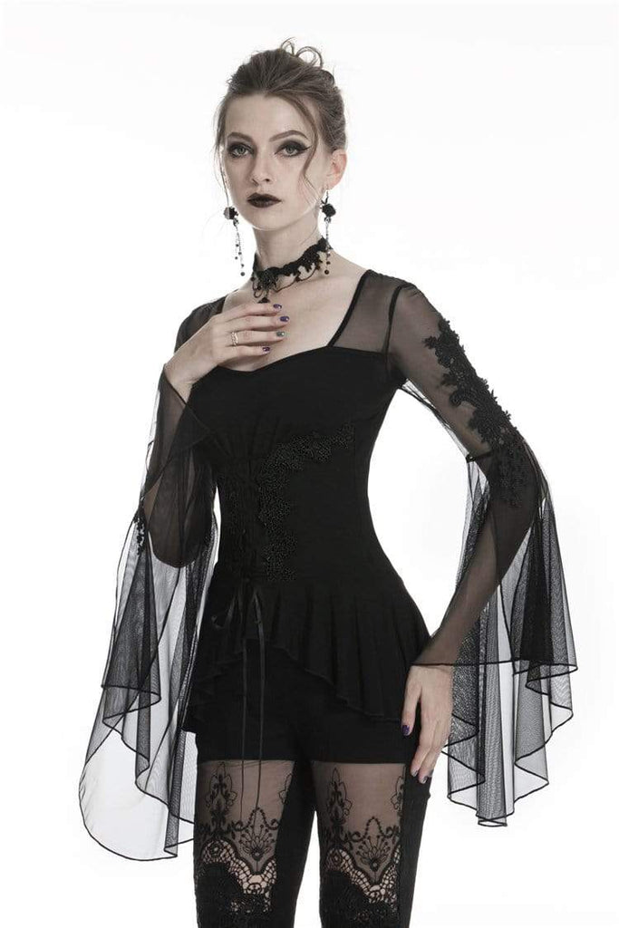 Darkinlove Women's Gothic Butterfly Sleeved Lace-up Tops With Irregular Hem