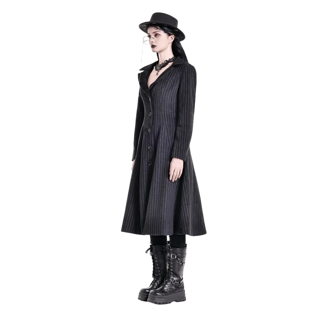 Darkinlove Women's Gothic Cobweb Lapel Pinstripe Single-breasted Long Coat