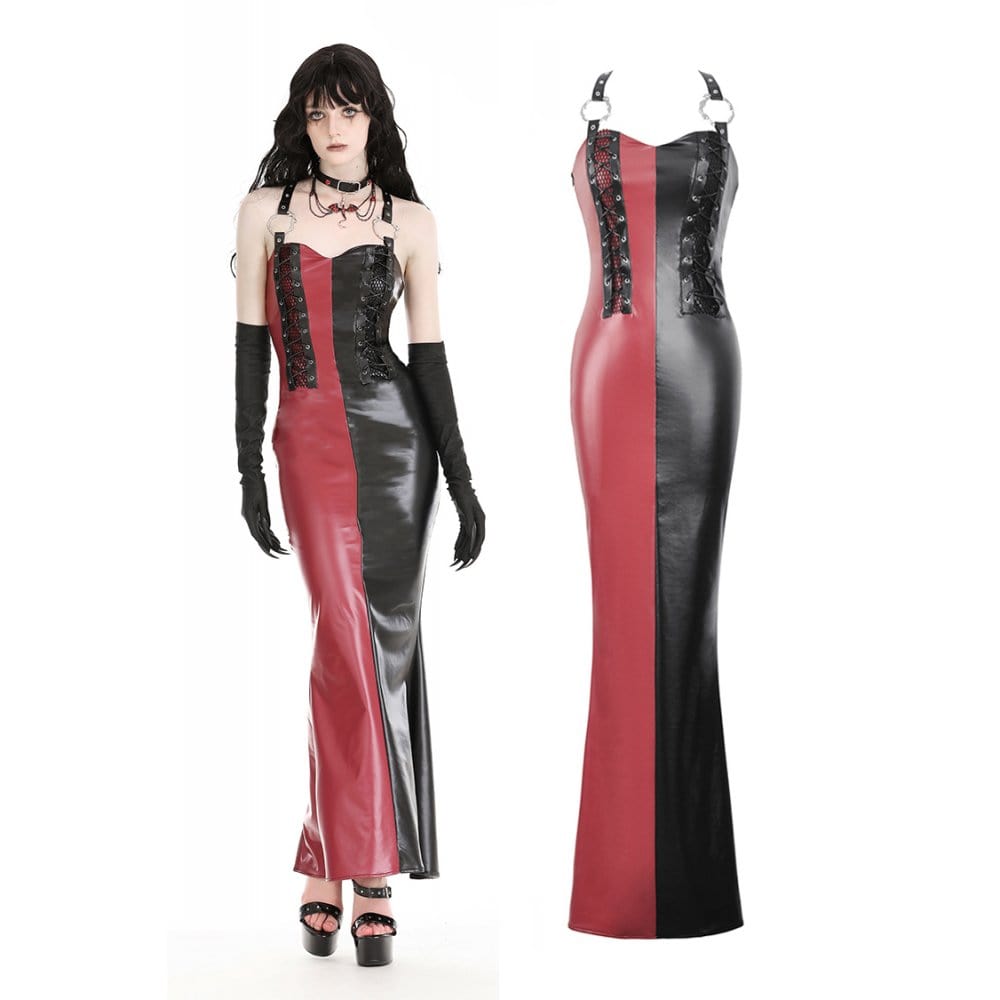 Darkinlove Women's Gothic Contrast Color Faux Leather Party Slip Dress