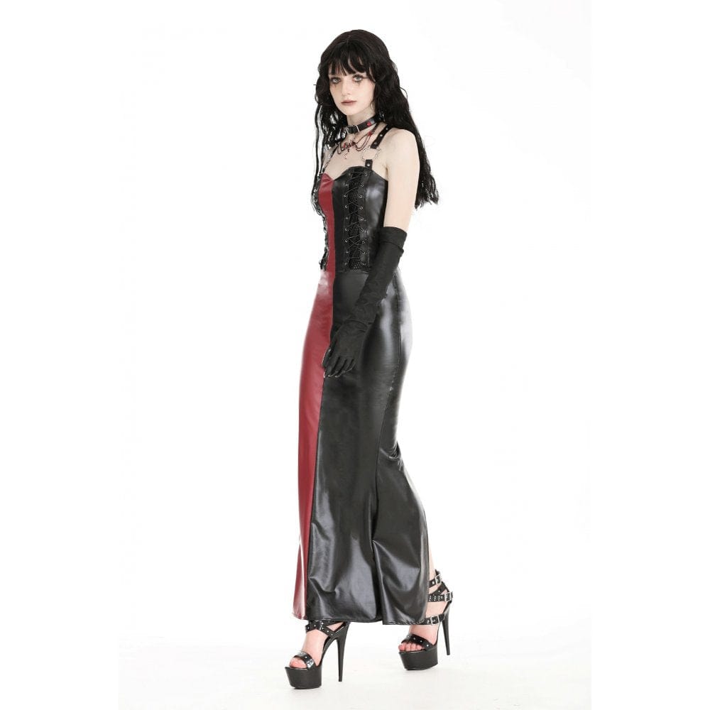 Darkinlove Women's Gothic Contrast Color Faux Leather Party Slip Dress