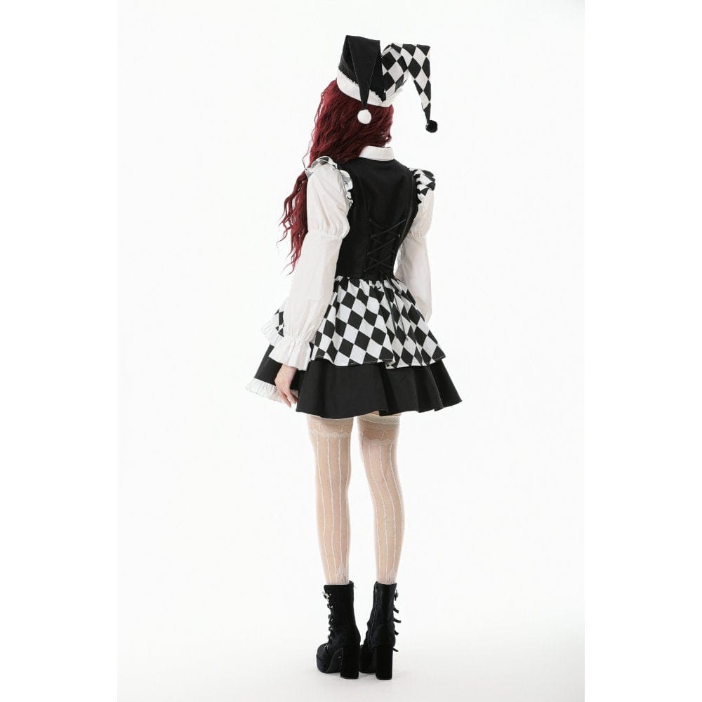 Darkinlove Women's Gothic Contrast Color Harlequin Puff Sleeved Dress