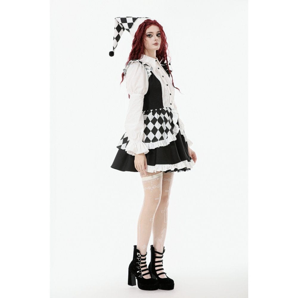 Darkinlove Women's Gothic Contrast Color Harlequin Puff Sleeved Dress