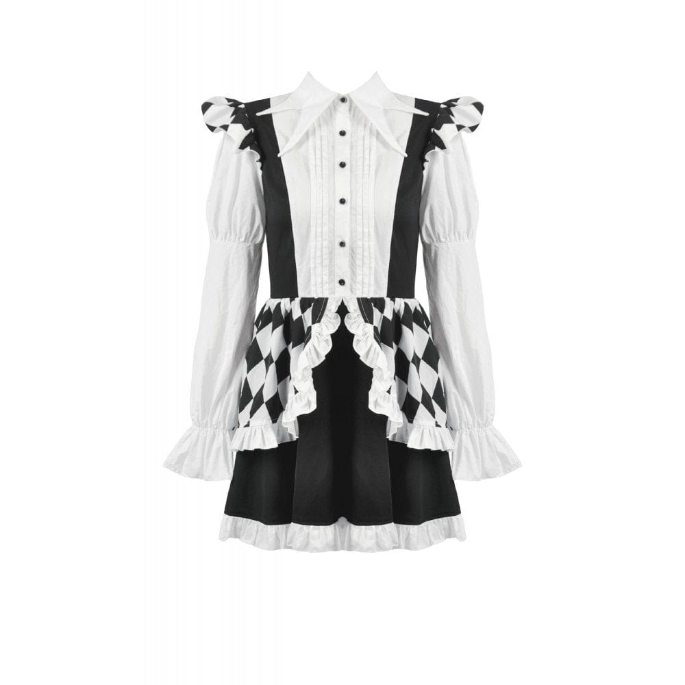 Darkinlove Women's Gothic Contrast Color Harlequin Puff Sleeved Dress