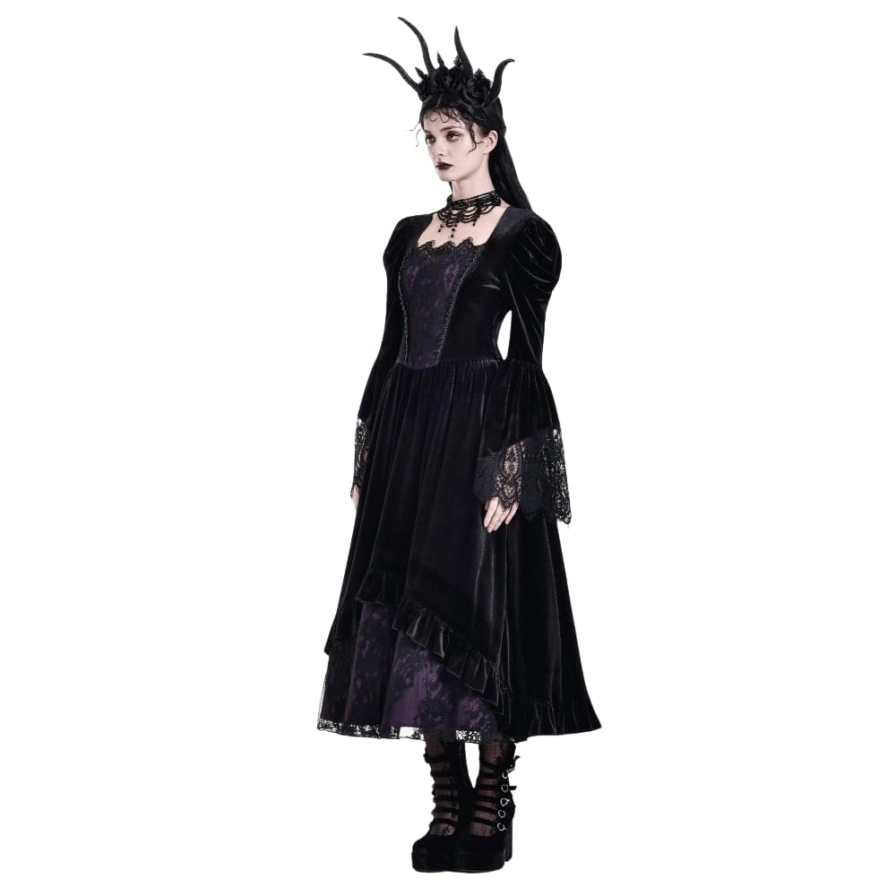 Darkinlove Women's Gothic Contrast Color Square-cut Collar Bell Sleeve Maxi Dress