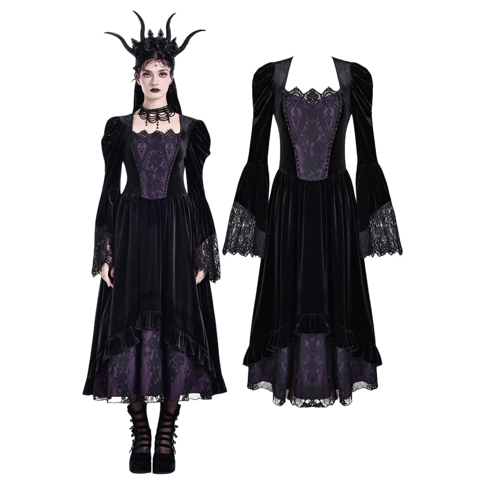 Darkinlove Women's Gothic Contrast Color Square-cut Collar Bell Sleeve Maxi Dress