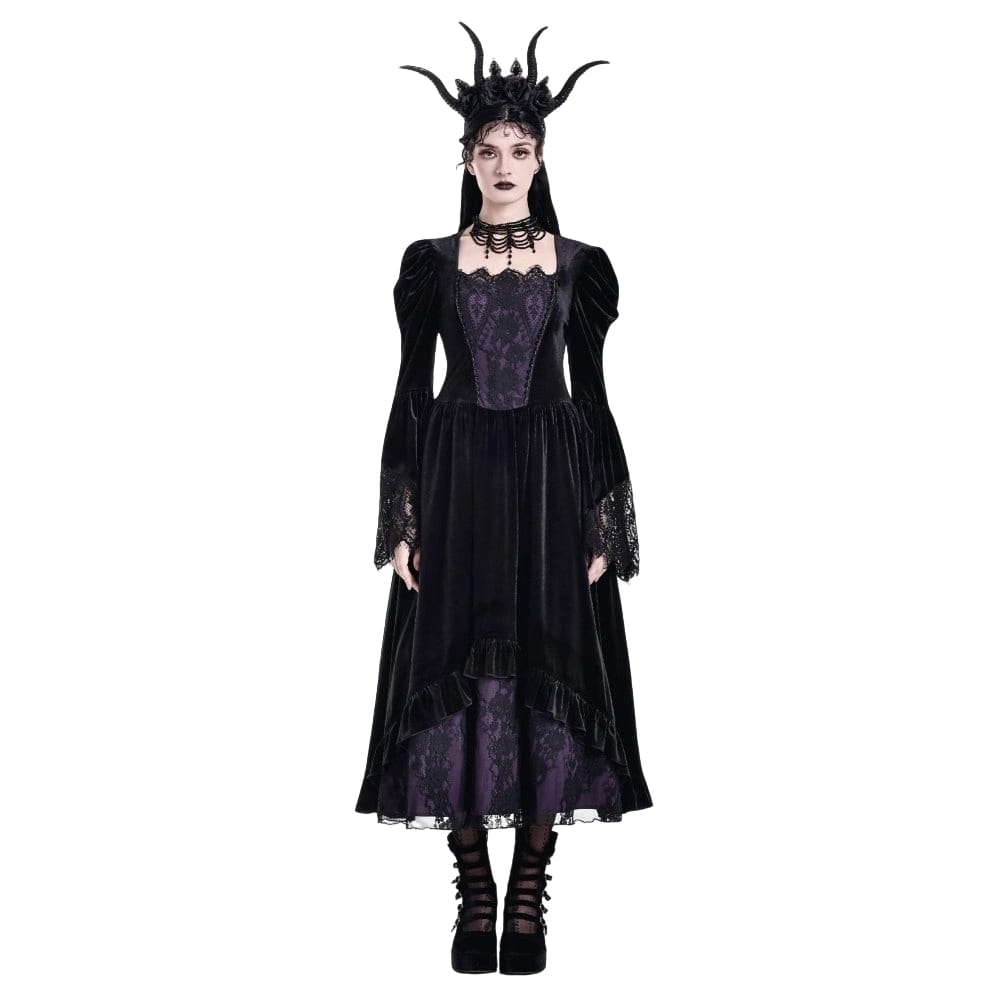 Darkinlove Women's Gothic Contrast Color Square-cut Collar Bell Sleeve Maxi Dress