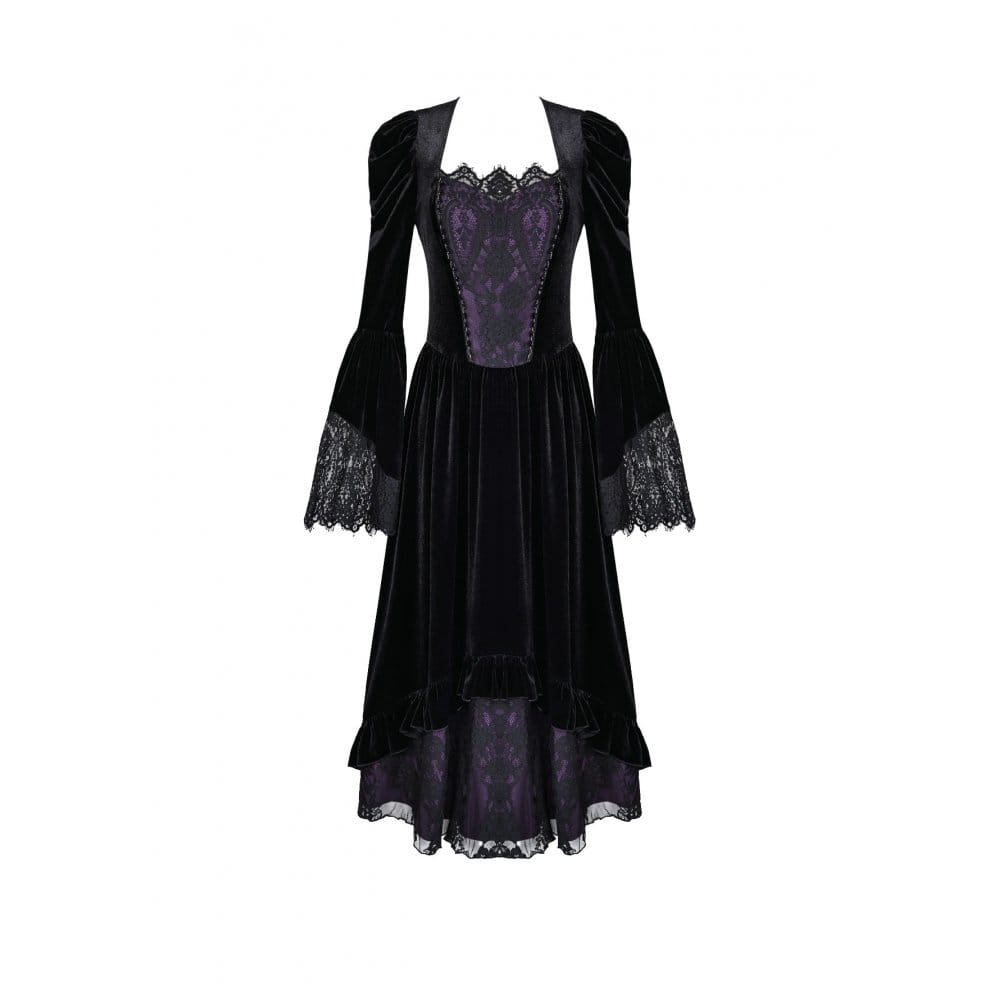 Darkinlove Women's Gothic Contrast Color Square-cut Collar Bell Sleeve Maxi Dress