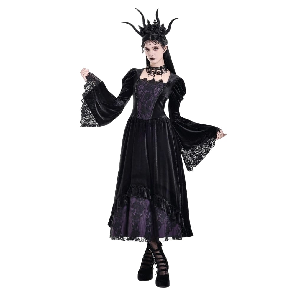 Darkinlove Women's Gothic Contrast Color Square-cut Collar Bell Sleeve Maxi Dress