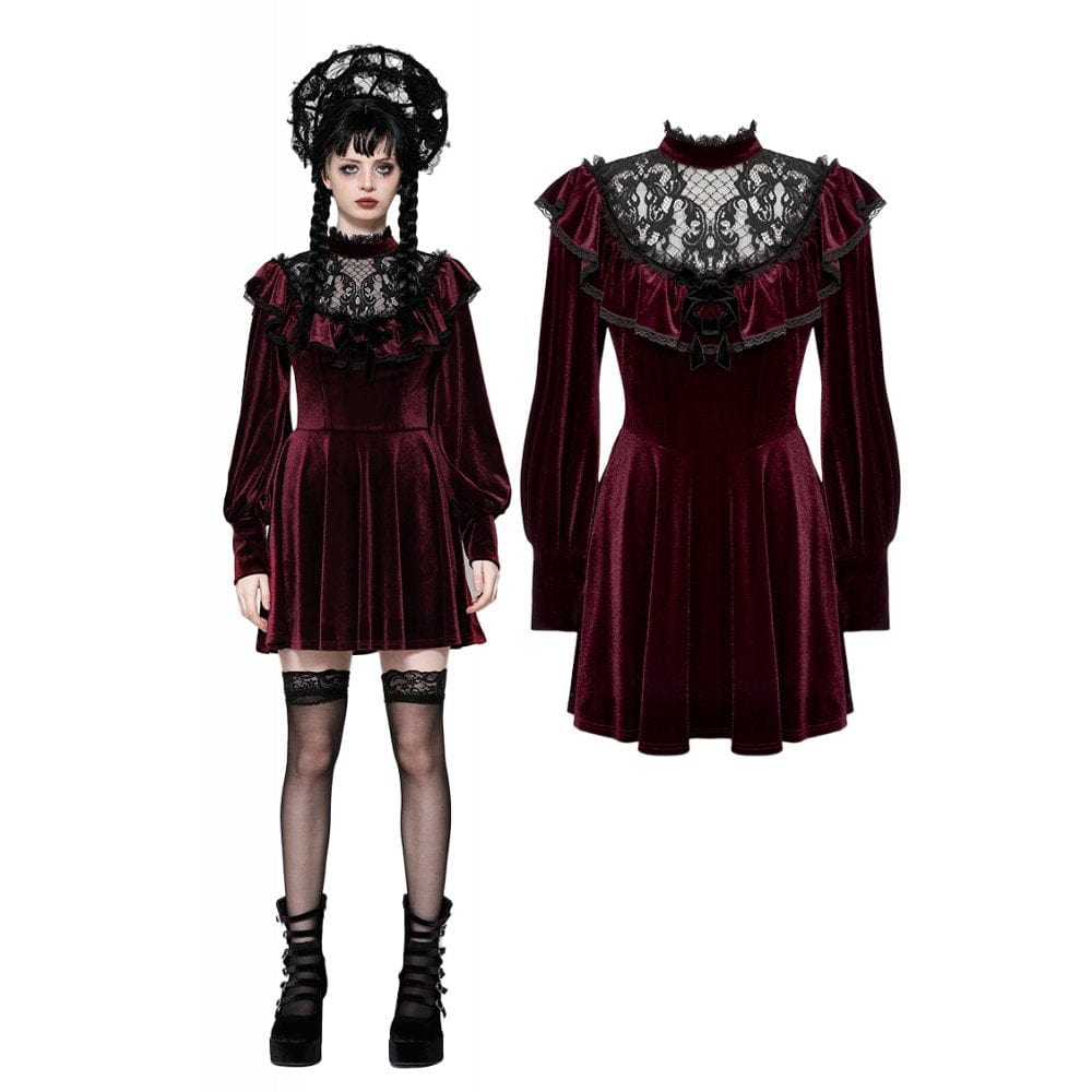 Darkinlove Women's Gothic Crochet Velvet Dress Red