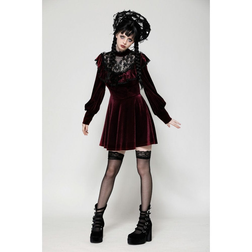 Darkinlove Women's Gothic Crochet Velvet Dress Red