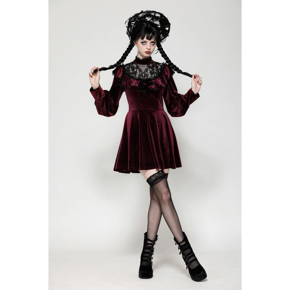 Darkinlove Women's Gothic Crochet Velvet Dress Red