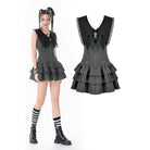 Darkinlove Women's Gothic Cross Bowknot Pinstripe Ruffle-Tier Dress