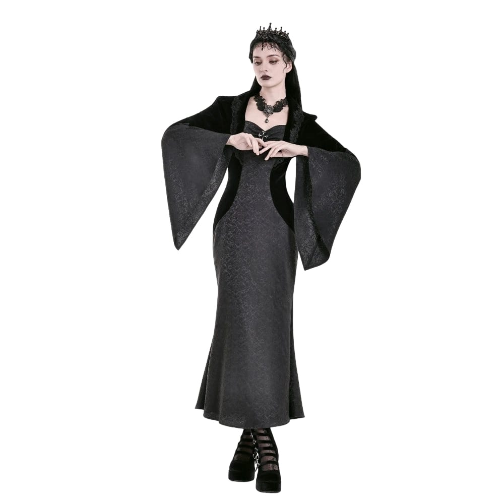 Darkinlove Women's Gothic Cross Decor Velvet Splice Jacquard Long Sleeved Dress