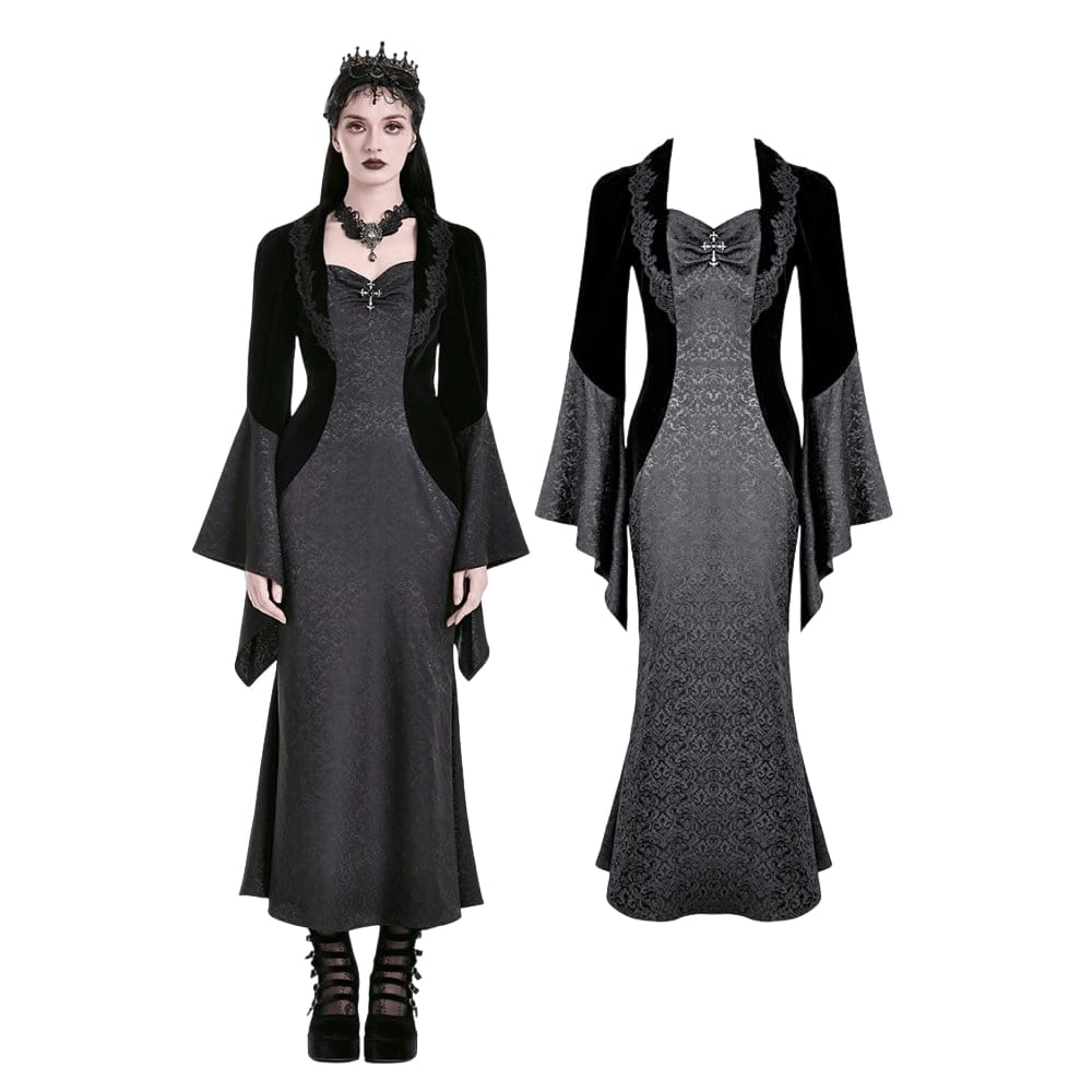 Darkinlove Women's Gothic Cross Decor Velvet Splice Jacquard Long Sleeved Dress