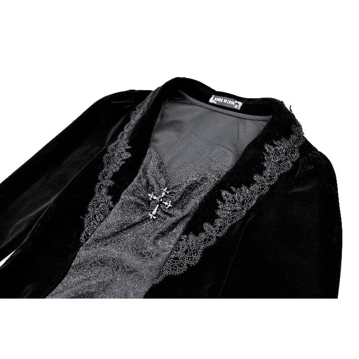 Darkinlove Women's Gothic Cross Decor Velvet Splice Jacquard Long Sleeved Dress