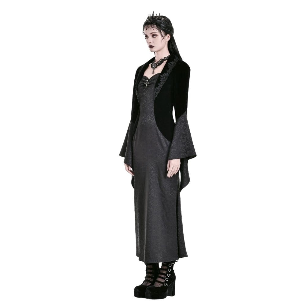 Darkinlove Women's Gothic Cross Decor Velvet Splice Jacquard Long Sleeved Dress