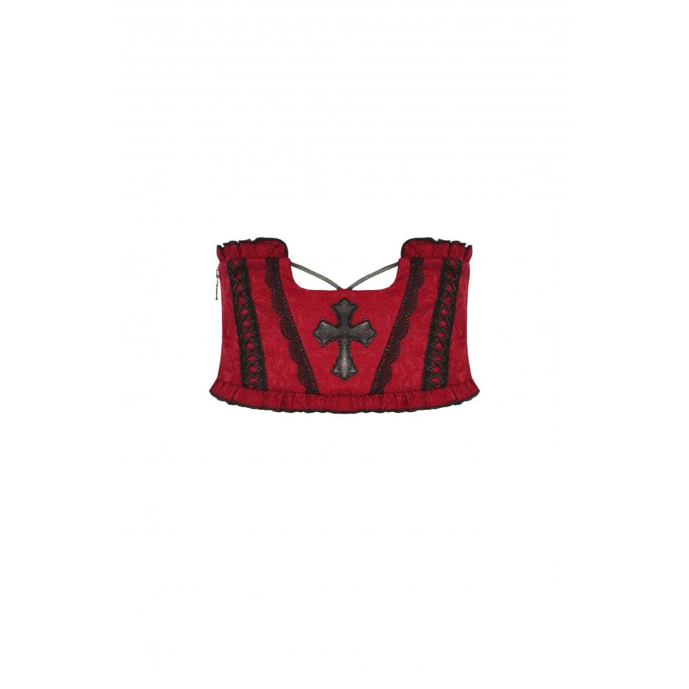 Darkinlove Women's Gothic Cross Embroidered Ruffled Underbust Corset