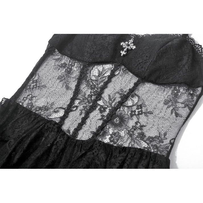 Darkinlove Women's Gothic Cross Floral Sheer Slip Dress with Tail