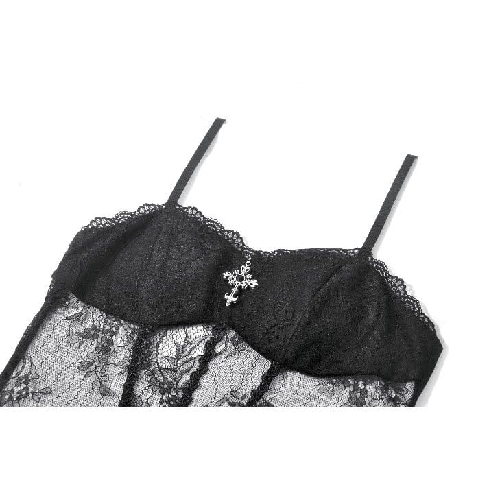 Darkinlove Women's Gothic Cross Floral Sheer Slip Dress with Tail