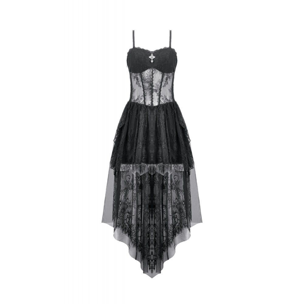 Darkinlove Women's Gothic Cross Floral Sheer Slip Dress with Tail