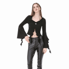 Darkinlove Women's Gothic Cross Plunging Long Sleeve Crop Top with Streamer