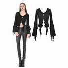 Darkinlove Women's Gothic Cross Plunging Long Sleeve Crop Top with Streamer