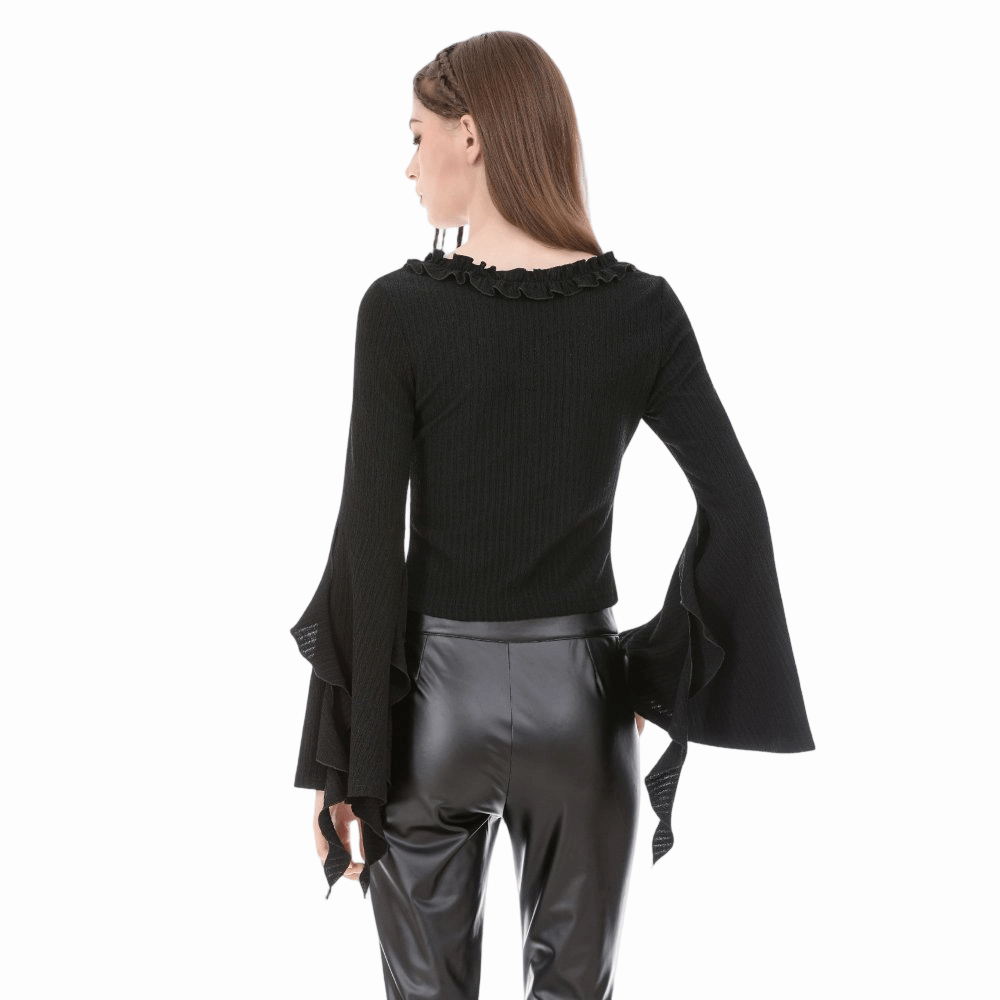 Darkinlove Women's Gothic Cross Plunging Long Sleeve Crop Top with Streamer