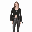 Darkinlove Women's Gothic Cross Plunging Long Sleeve Crop Top with Streamer