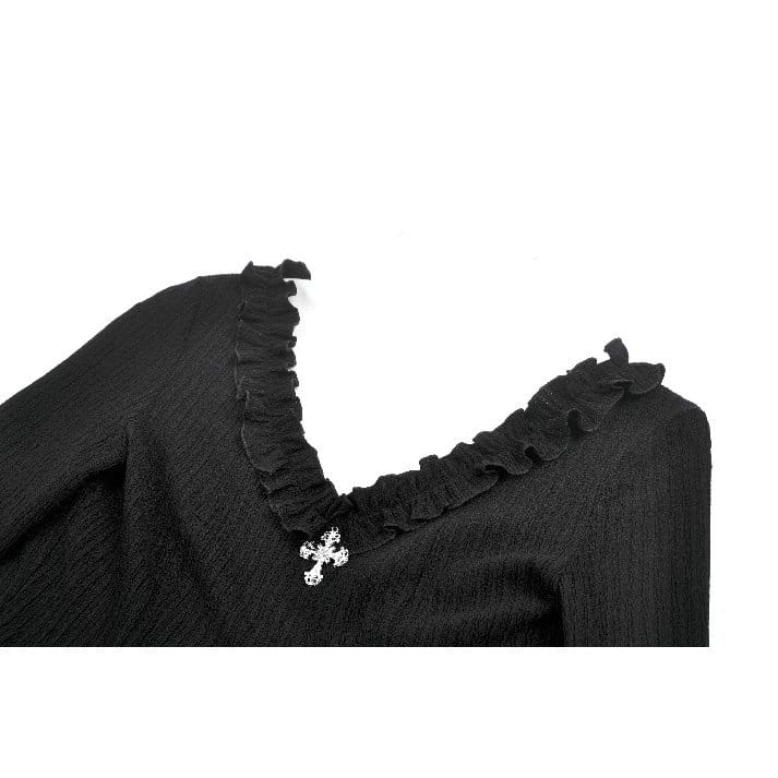 Darkinlove Women's Gothic Cross Plunging Long Sleeve Crop Top with Streamer