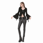 Darkinlove Women's Gothic Cross Plunging Long Sleeve Crop Top with Streamer