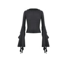 Darkinlove Women's Gothic Cross Plunging Long Sleeve Crop Top with Streamer