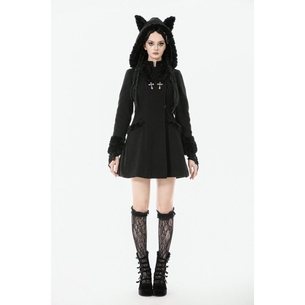Darkinlove Women's Gothic Cross Plush Cat Ear Hooded Coat