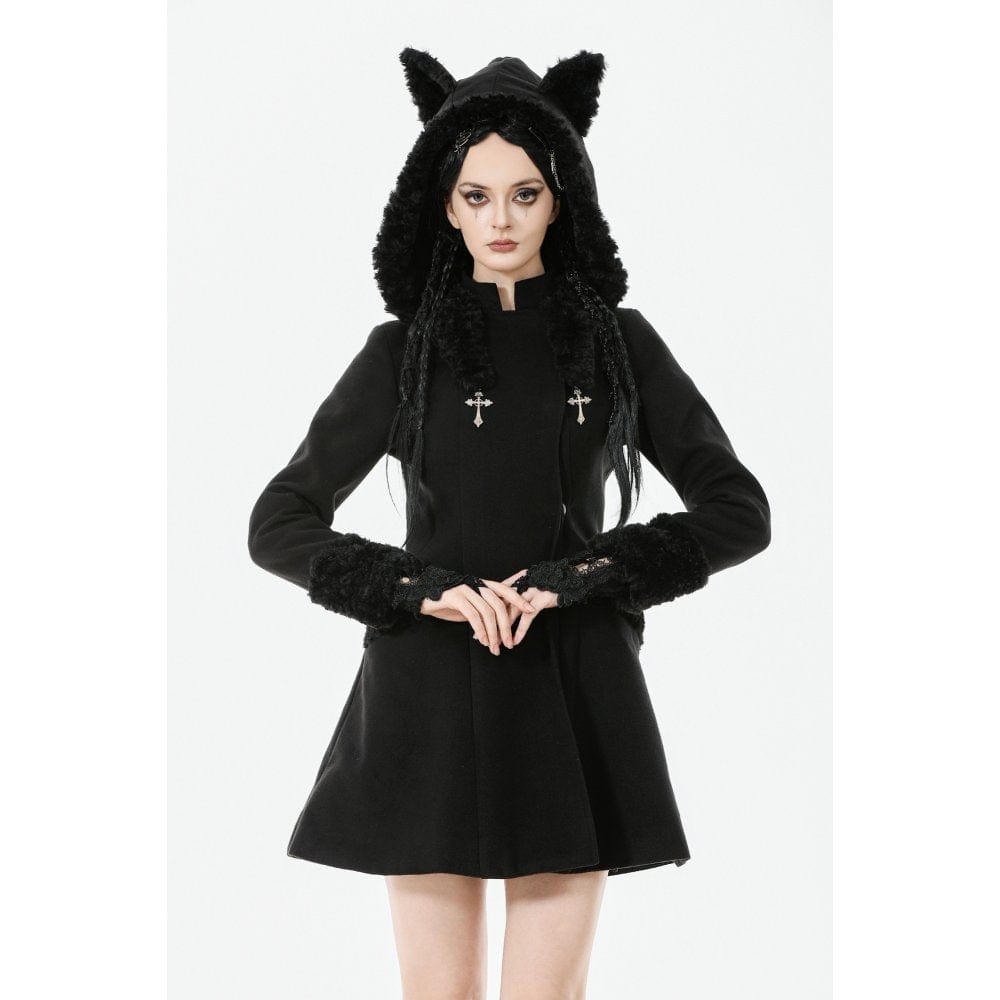 Darkinlove Women's Gothic Cross Plush Cat Ear Hooded Coat
