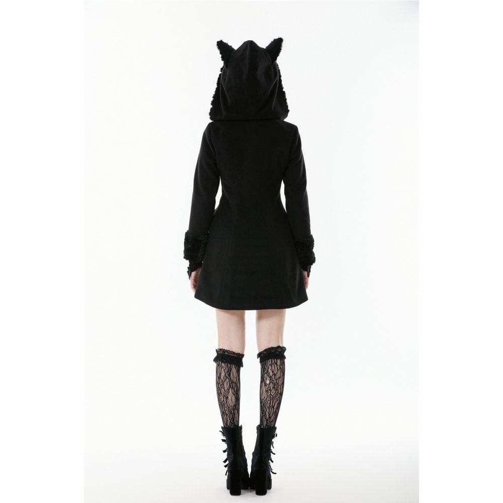 Darkinlove Women's Gothic Cross Plush Cat Ear Hooded Coat