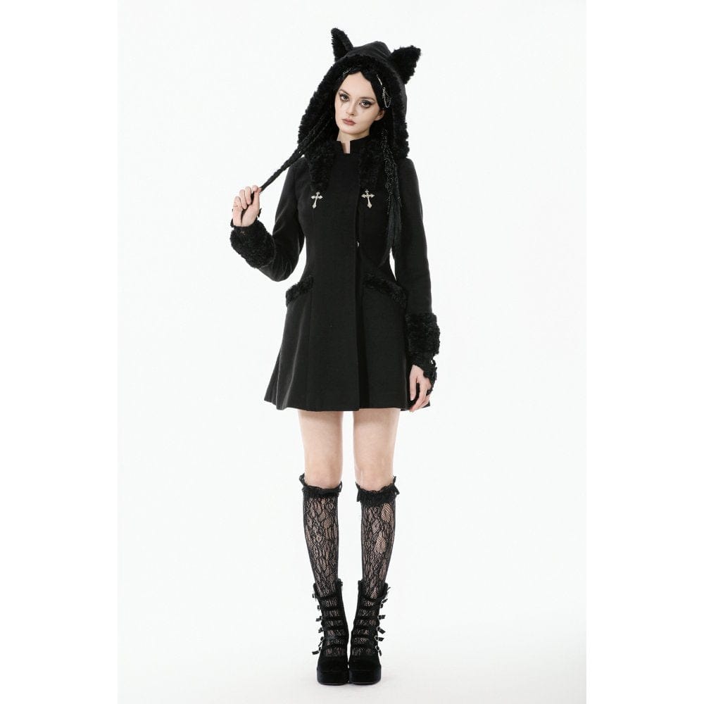 Darkinlove Women's Gothic Cross Plush Cat Ear Hooded Coat