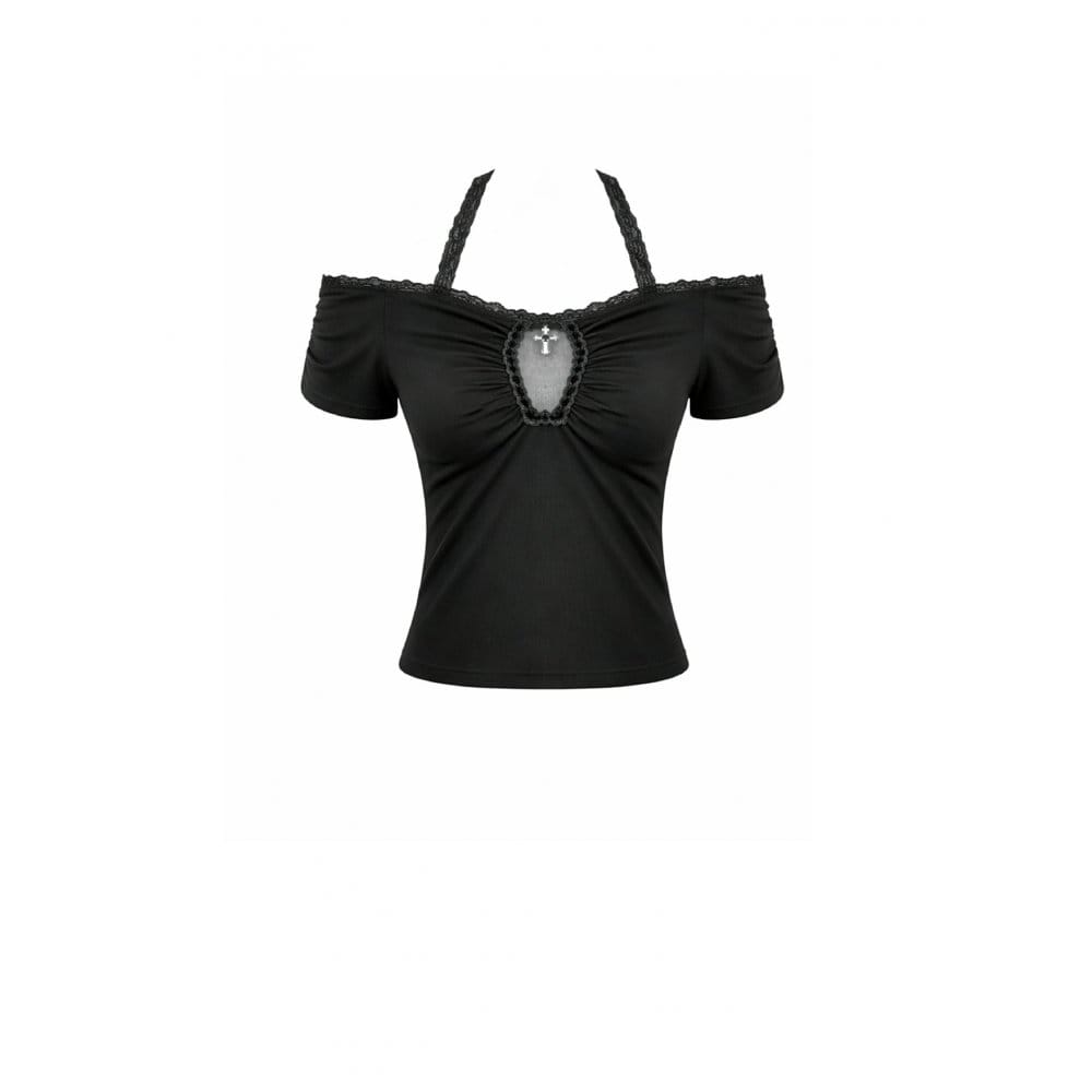 Women's Gothic Cross Ruched Halter Short Sleeve Crop Top – Punk Design