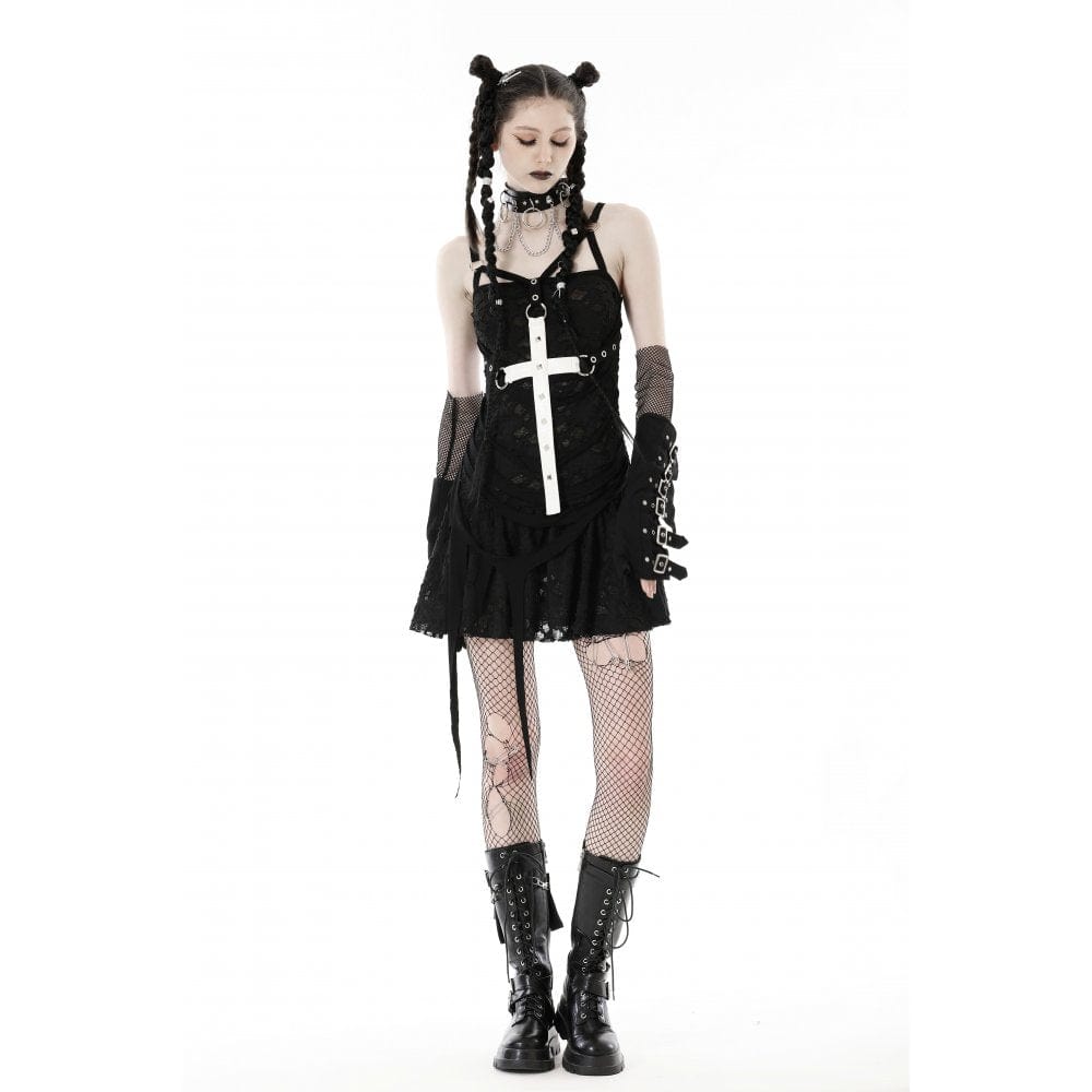 Darkinlove Women's Gothic Cross Strap Ripped Slip Dress