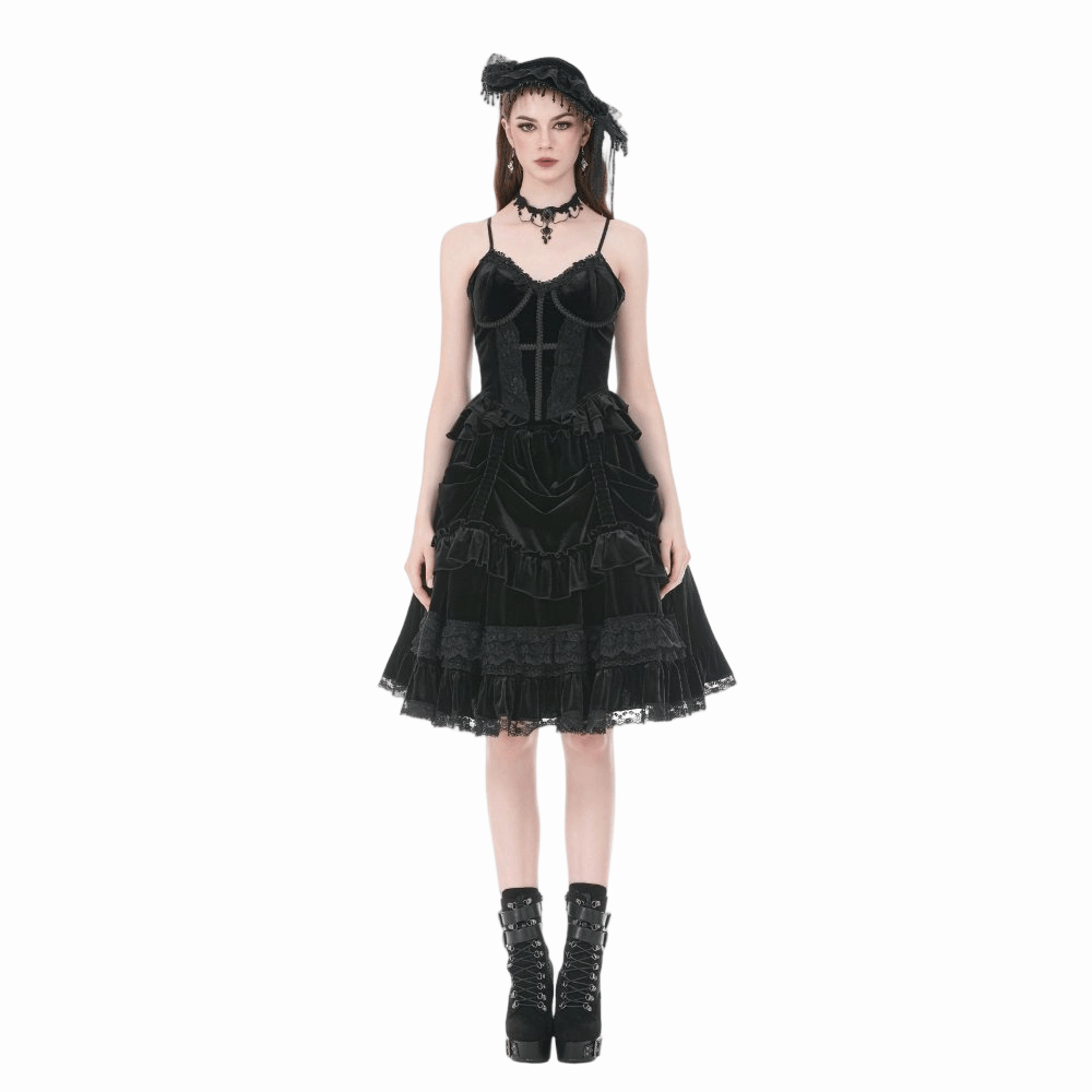 Top da donna in velluto con volant e finiture a croce gotica di Darkinlove