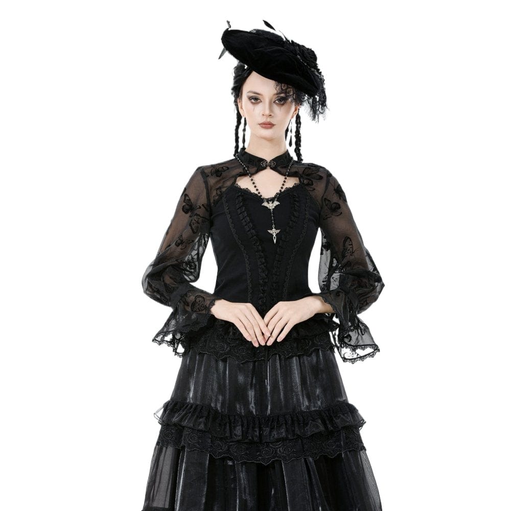 Darkinlove Women's Gothic Cut-out Butterfly Mesh Sleeves Shirt