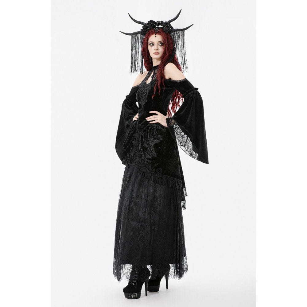 Darkinlove Women's Gothic Cutout Halterneck Velvet Flared Sleeved Shirt